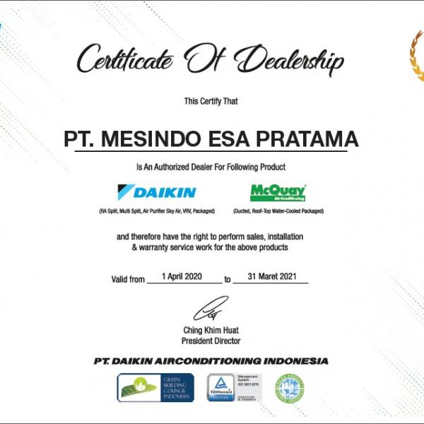 Daikin Certificate Of Dealership